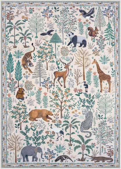 OJIA Jungle Living Room Rug 9x12 Washable Rugs for Bedroom, Ultra-Thin Modern Beige Non-Shedding Large Area Rug Playroom Rug Non-Slip Stain Resistant Accent Carpet for Kids Room Dining