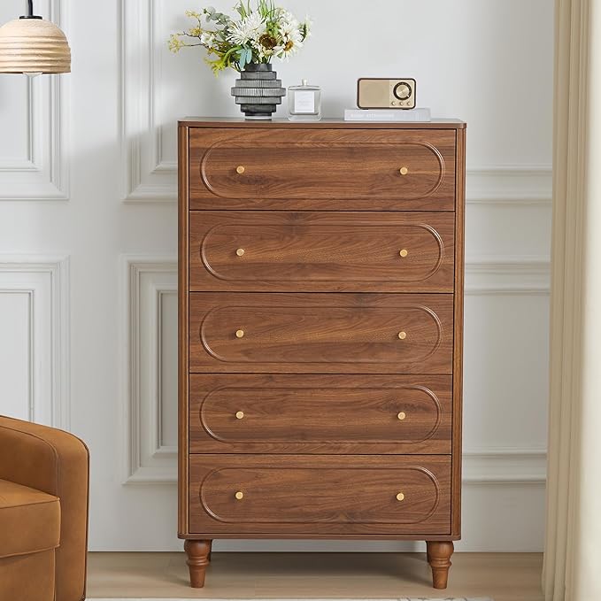 5 Drawer Fluted Dresser for Bedroom, Mid Century Modern Chest of Drawers, Wood Storage Large Dresser Organizer for Bedroom Living Room Hallway Closet, Walnut