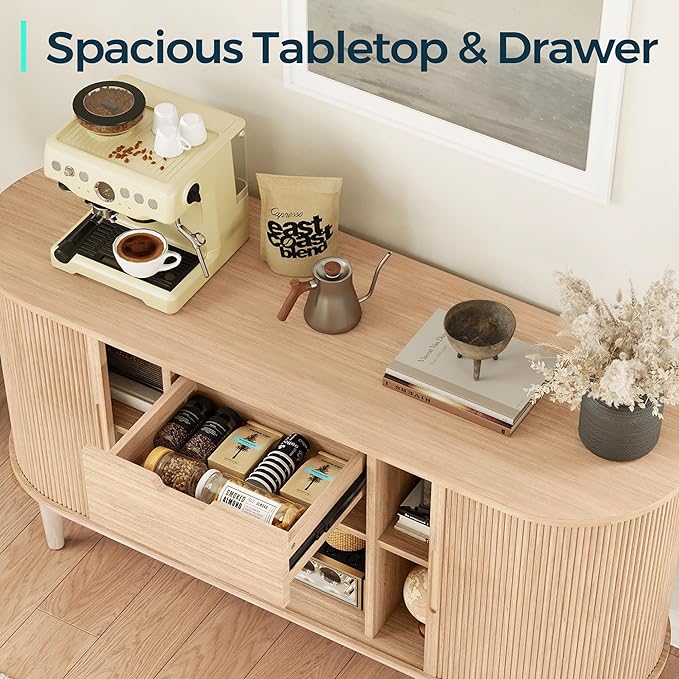 LINSY HOME Sideboard Buffet Cabinet with Storage, 55" Fluted Coffee Bar Cabinet with Tambour Sliding Doors and Drawer, Mid Century Modern Wood Storage Buffet Table for Kitchen, Living Room, Oak