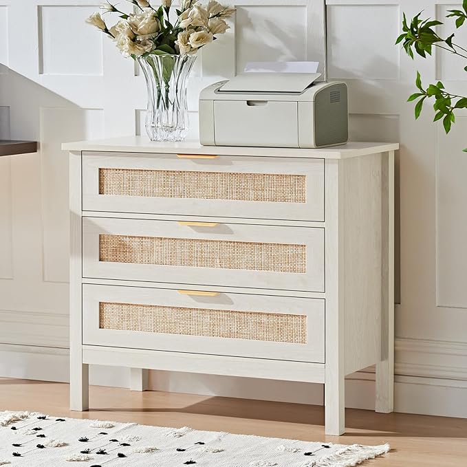 LEYAOYAO 31.5" Wide Rattan Nightstand, Large Boho 3 Drawer Night Stand, Grey White Bedside Table with Storage, Tall Bed Side End Tables, Chest of Drawers Dressers for Bedroom, Living Room, Hallway