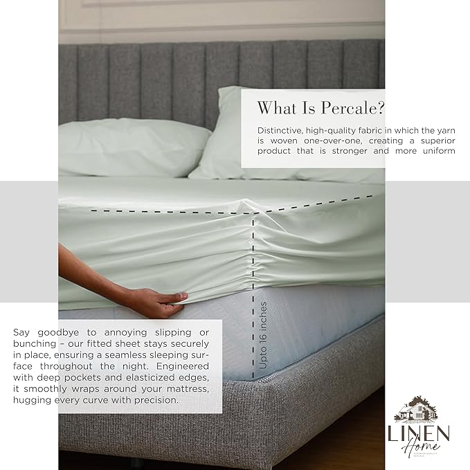 Linen Home 100% Cotton Percale Sheets King Size, Dove Grey, Deep Pocket, 4 Pieces Set - 1 Flat, 1 Deep Pocket Fitted Sheet and 2 Pillowcases, Crisp Cool and Strong Bed Linen