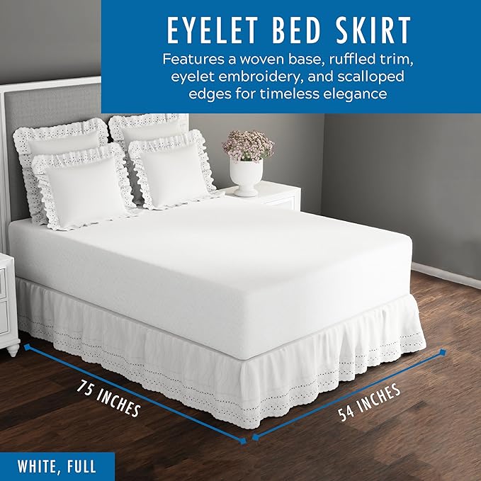 Fresh Ideas Eyelet Bed Skirt, Ruffled Design, 14 Inch Drop, Embroidered Scalloped Edge, Full, White