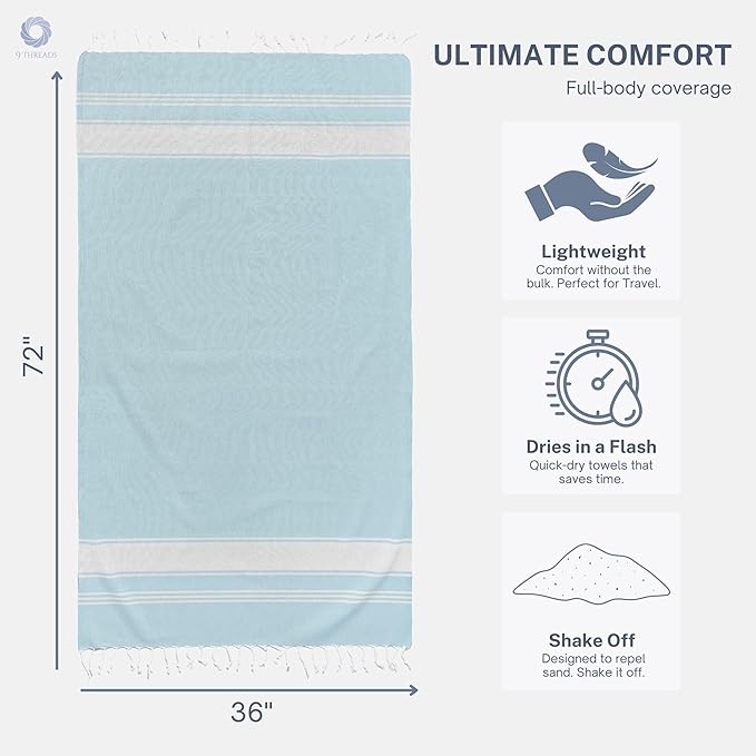 Cotton Turkish Beach Towel Towels Oversized 36"x72" Pool Absorbent Extra Large Quick Dry Sand Travel Towel (Aqua Blue, 4 Pack)