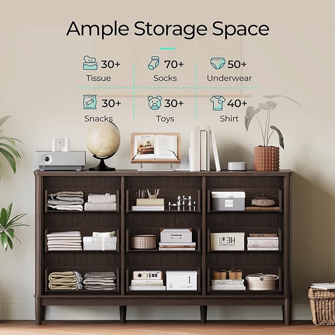 LINSY Rattan 9 Drawer Dresser for Bedroom, 58" Wide Mid-Century Modern Tall Chest of Drawers, Deep Storage Dresser with Curved Corner Design, Large Accent Wood Cabinet for Bedroom, Walnut
