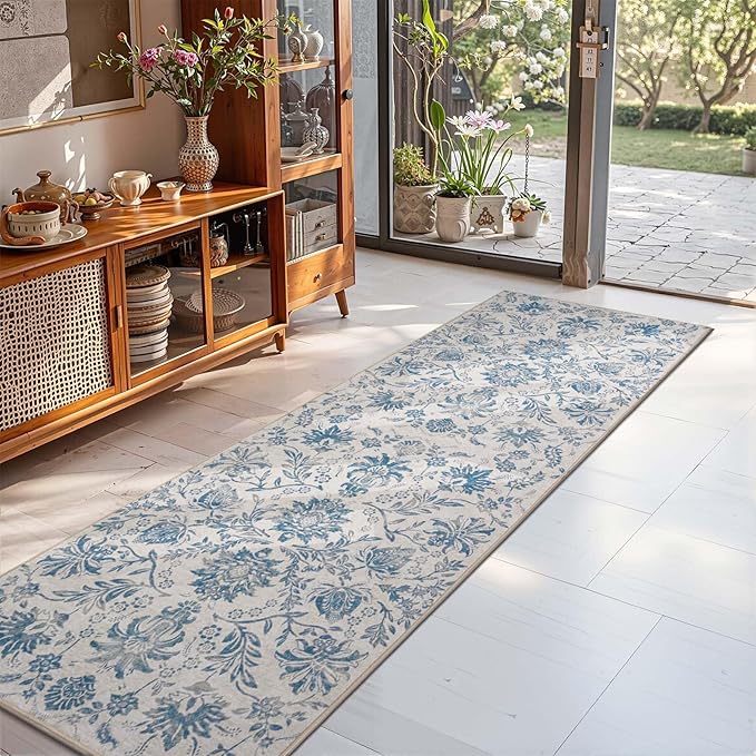 jinchan Torino Runner Rugs 2x6, Vintage-Inspired Floral Design Machine Washable Non-Slip Ultra-Thin Low-Pile Rubber Backing Runner Rug for Kitchen Hallway Laundry Room Entryway Dark Blue