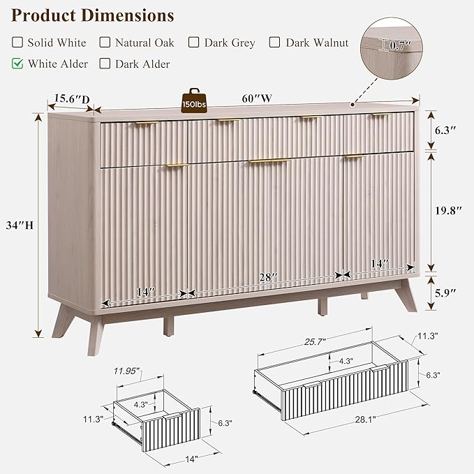T4TREAM Large Buffet Sideboard Cabinet with Storages, 60" Fluted Modern Buffet Table Coffee Bar Wine Bar Storage Cabinet with 3 Drawers & 4 Doors for Dining Room, Living Room, Hallway(White Alder)