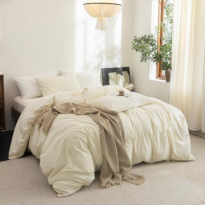 FOSSA Duvet Cover Set 100% Washed Cotton Linen Feel Super Soft Breathable Cozy 3 Pieces Bedding Sets Solid Cream White California King