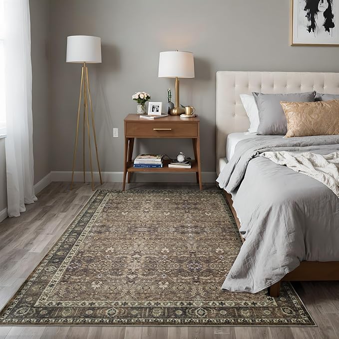 8x10 Vintage Washable Area Rug for Living Room,Low Pile Non Slip Carpet Non-Shedding Large Area Rug Soft Indoor Stain Resistant Rug Floral Print Mat for Bedroom Dining Room Brown Floral