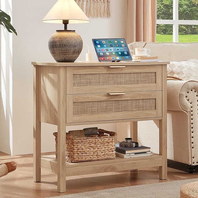 LEYAOYAO 31.5" Wide Rattan Night Stand with Charger Station, Oversized Large Boho Nightstand with 2 Drawer, Natural Wood Bed Side End Tables, Tall Bedside Table for Bedroom Living Room, Hallway