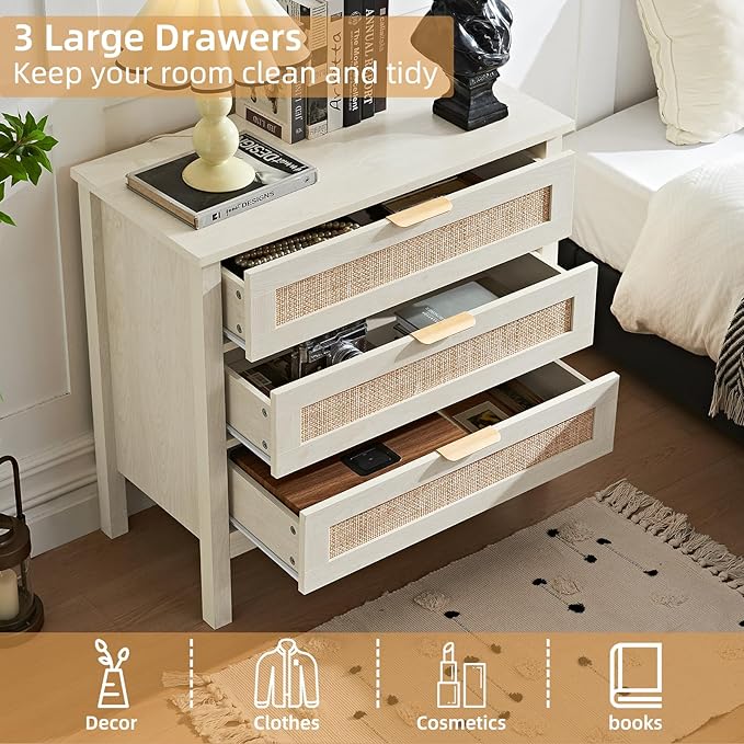 LEYAOYAO 31.5" Wide Rattan Nightstand, Large Boho 3 Drawer Night Stand, Grey White Bedside Table with Storage, Tall Bed Side End Tables, Chest of Drawers Dressers for Bedroom, Living Room, Hallway