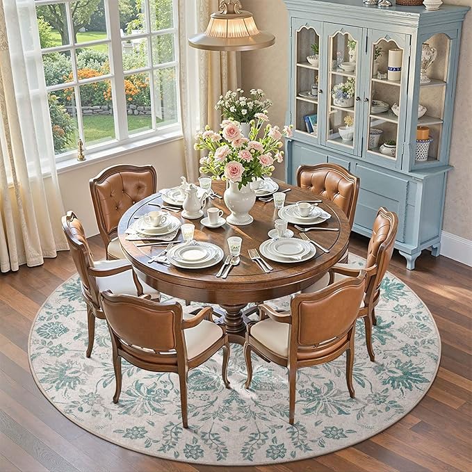 jinchan Torino Classic Floral Round Rug 8ft Vintage-Inspired Design 8’Circle Rug Machine Washable Ultra-Thin Low-Pile Non-Slip Indoor Carpet for Bedroom Dining Room Living Room