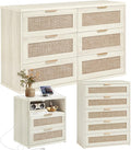 LEYAOYAO Rattan Dresser and Nightstand Set of 3, Boho Wood Dresser for Bedroom with 6 Drawers and Night Stand with Charging Station, Bedroom Furniture, Dressers & Chests of Drawers,Hallway,Living Room