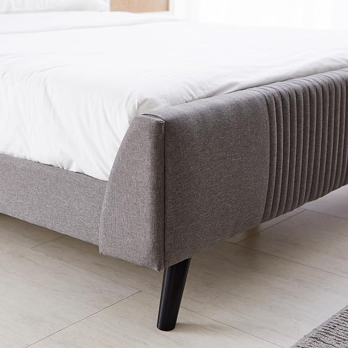 Livinia Sunset Full Size Wingback Platform Bed, Fabric Upholstered Full Bed Frame with Vertical Channel Tufted Headboard Footboard, Strong Wood Slats, No Box Spring Needed, Gray