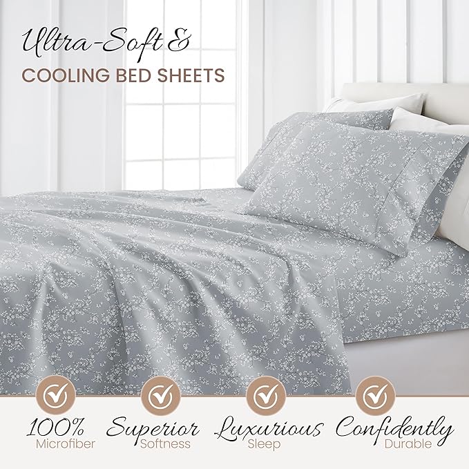 Linen Market Double-Brushed Patterned Microfiber Twin Sheet Set 3 Piece – Oeko-TEX Certified Ultra Soft & Wrinkle-Free - 16" Deep Pocket Sheets - Easy Care Twin Size - Trellis Vine Light Gray
