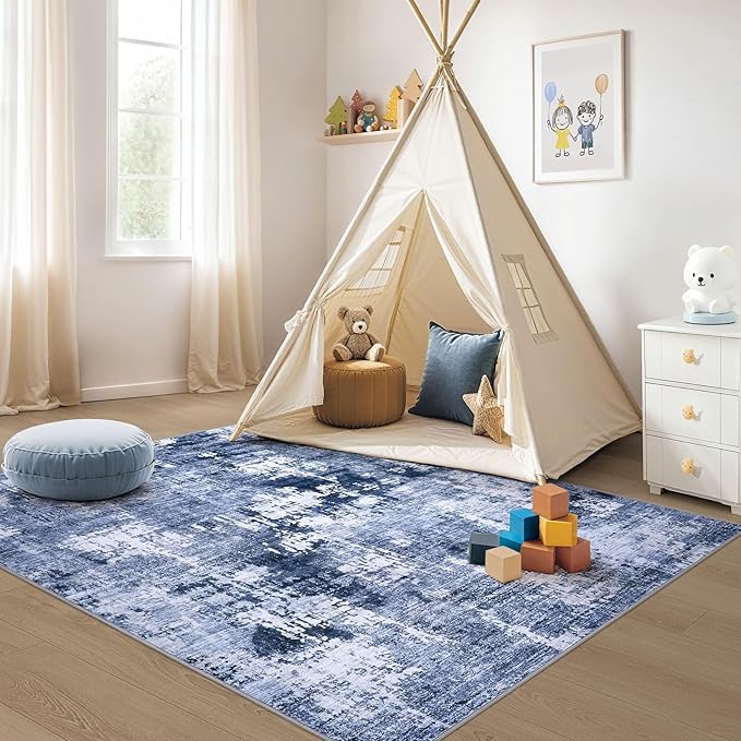 Area Rug Living Room Rugs - 4x6 Abstract Large Soft Indoor Washable Rug Neutral Modern Low Pile Carpet for Bedroom Dining Room Farmhouse Home Office - Navy Blue