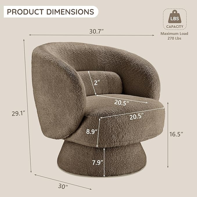 Swivel Accent Chair, Modern 360 Degree Swivel Barrel Chair with Arms & Curved Back and Lumbar Support Cushion, Comfy Round Single Boucle Sofa for Small Space, Living Room, Bedroom, Brown