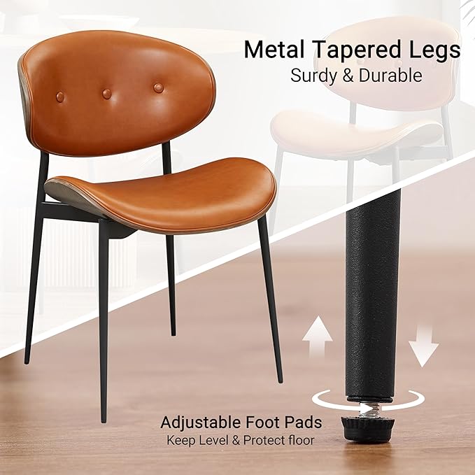 Art Leon Mid Century Modern Dining Chairs, Set of 2, Faux Leather Kitchen Dining Room Chairs, Armless Accent Chairs with Metal Legs, Gray Oak/Brown