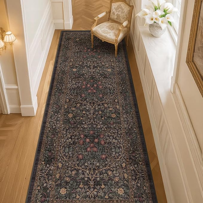 Dark Brown 2'6" x 8' Runner Rug for Hallways Non Slip, Extra Long Floor Runner for Kitchen, Entryway Indoor, Washable Rubber Backing Stain Resistant - Vintage Dark Green Botanical Floral Décor