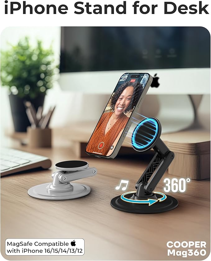 COOPER Magnetic Phone Stand for Desk, Mag360 Adjustable MagSafe Stand for iPhone 16 Pro Max, 15 14 13 12 & Plus | 360° MagSafe Phone Holder, Strong Magnetic Mag Safe, Foldable 3-Axis Leg (Black)