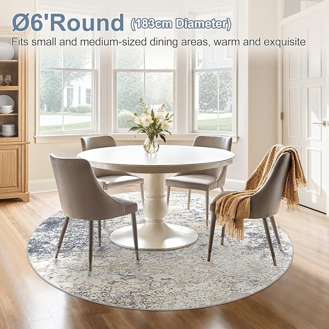 6ft Round Area Rug Living Room Rugs - 6x6 Washable Large Soft Indoor Modern Abstract Low Pile Rug Carpet for Bedroom Dining Room Farmhouse Home Office - Beige Blue