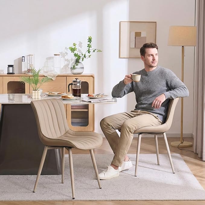 YOUNUOKE Mid-Century Modern Dining Chairs Set of 2, Khaki PU Leather Upholstered Kitchen Chairs with Khaki Metal Legs, Armless Accent Chair for Dining Room, Guest Reception Room