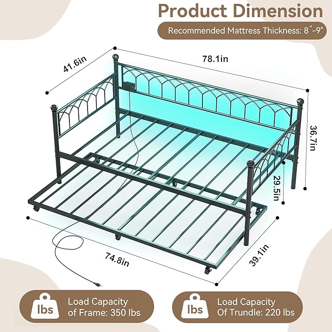 GarveeHome Daybed with Trundle, Metal Twin Trundle Bed with Charging Station & LED Lights, Sofa Beds Frame with Pull Out Bed for Living Room, Guest Room, Apartment, Small Spaces, Black