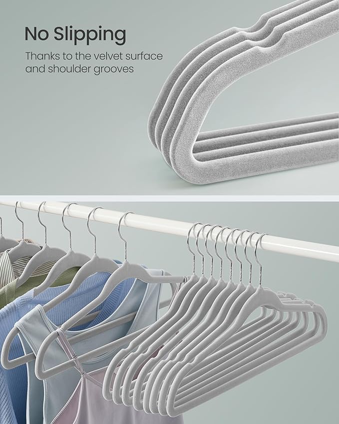 SONGMICS Velvet Hangers 100 Pack, Non-Slip Clothes Hangers with Silver-Colored Swivel Hooks, Slim Space-Saving for Closet, Heavy-Duty, Dove Gray UCRF026GD03S