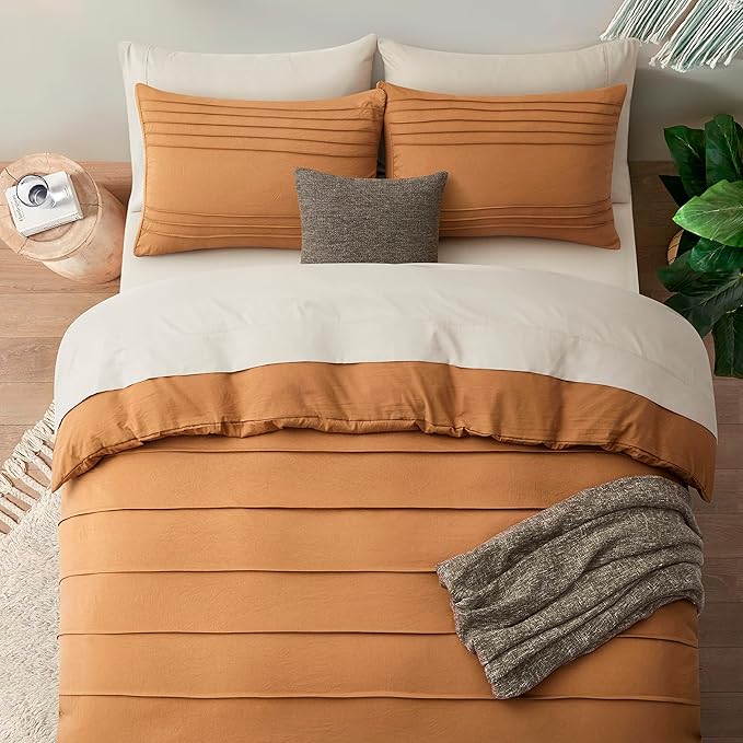 Oli Anderson Pumpkin Brown Duvet Cover King Size - Pleated King Duvet Cover, 3PCS Soft and Breathable Textured Bedding Set with Zipper Closure(Pumpkin Brown,104"x90")
