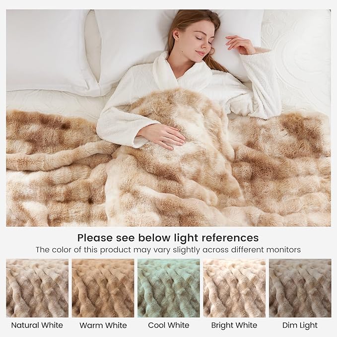 Cozy Bliss Faux Fur Throw Blanket Queen Size, Fuzzy Soft Plush Thick Bubble Blanket for Bed Couch Bedroom Living Room, 90x90 Inches Tie-dye Beige