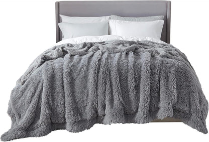 Bedsure GentleSoft Fluffy Grey Blankets Queen Size for Bed, Thick Sherpa Faux Fur Fleece Fuzzy Plush Winter Warm Heavy Soft Queen Blankets, Bedroom Decor Grey Gifts Cozy Gifts for Women Men, 90x90