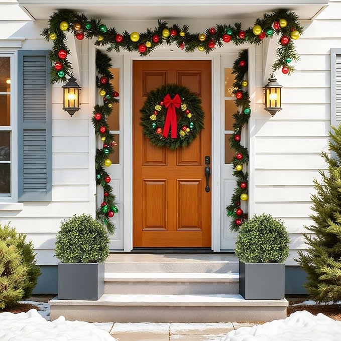 27“ Realistic Artificial Boxwood Topiary Trees Set of 2, Faux Plants Outdoor UV-Resistant, Fake Evergreen Bushes & Shrubs for Front Porch Outside Planter Decor