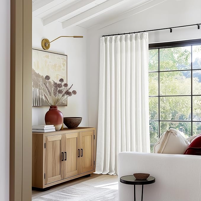 Beige White Pinch Pleated Linen Curtains 96 Inches Long 60 Inch Width Linen Blend Light Filtering Window Curtains 96 Inch for Living Room Bedroom Patio Pinch Pleat Drapes Hooks Rings 1 Panel 60Wx96L