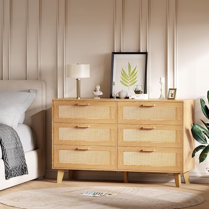 Wide Rattan Dresser, 6 Drawer Dressers Bedroom Furniture Large Storage Tower Unit, Dresser for Bedroom, Closet,Hallway, Walnut
