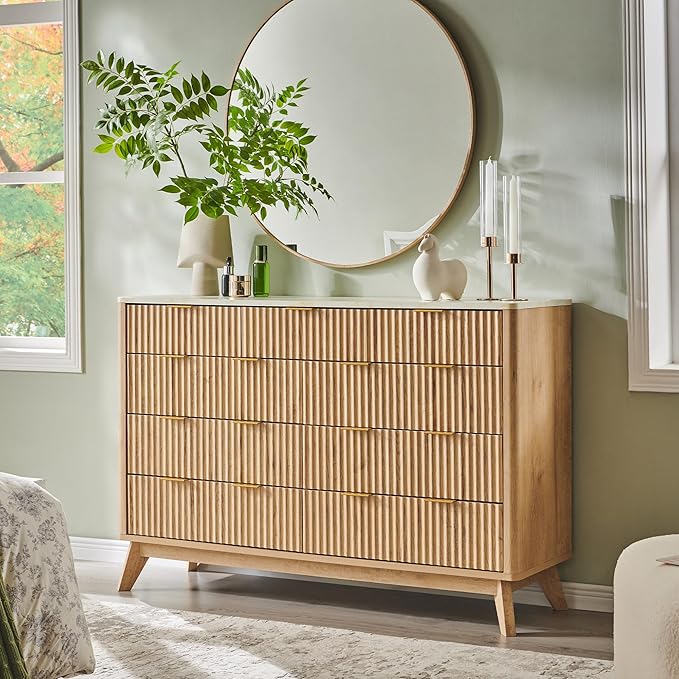 T4TREAM Fluted 9 Drawer Dresser, Modern Chest of Drawers with Faux Marble Top, Curved Profile Design, Dresser TV Stand, Wood Drawer Organizer for Bedroom, Living Room, Hallway, Natural Oak