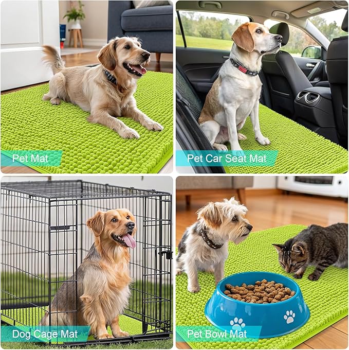 OLANLY Dog Door Mat for Muddy Paws 30x20, Absorbs Moisture and Dirt, Absorbent Non-Slip Washable Doormat, Quick Dry Chenille Mud Mat, Entry Indoor Entryway Carpet for Inside Floor, Bright Green