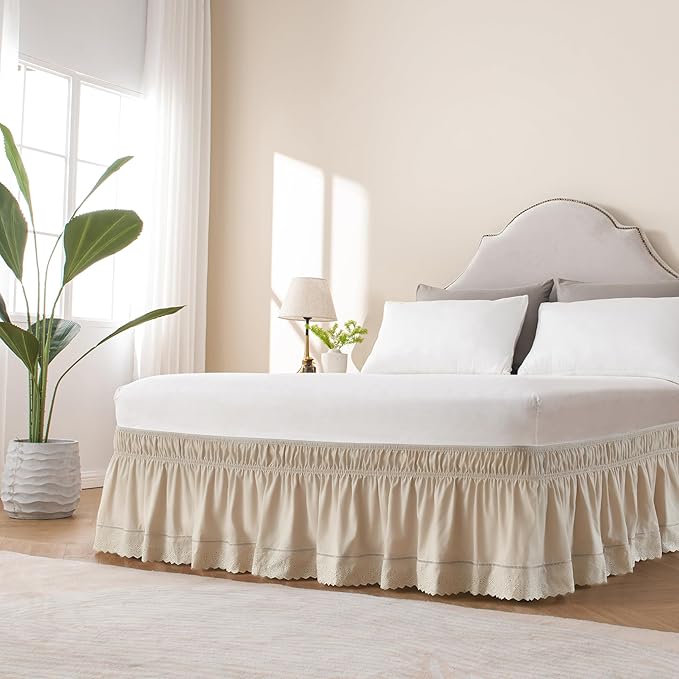 MIYE Wrap Around Ruffled Lace Bed Skirt, Elastic Dust Ruffle with Adjustable Belts, Easy to Put On, Bed Frame Cover, Machine Washable (Embroidered/Beige, Full/Twin-15 Drop)