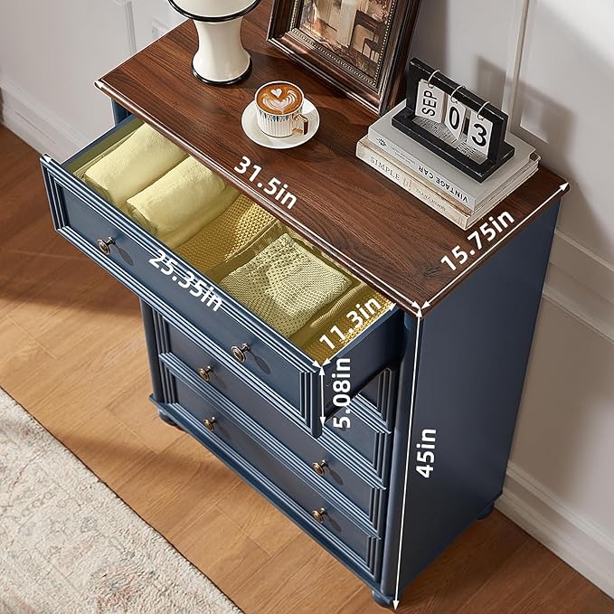 5 Drawers Chest of Drawers Dresser for Bedroom, Wood 45" Tall Dresser Storage Dressers Organizer, Farmhouse Rustic Closet for Living Room, Hallway Entryway