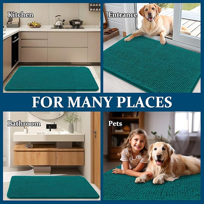 OLANLY Dog Door Mat for Muddy Paws 24x16, Absorbs Moisture and Dirt, Absorbent Non-Slip Washable Doormat, Quick Dry Chenille Mud Mat for Dogs, Entry Indoor Entryway Carpet for Inside Floor, Lake Blue
