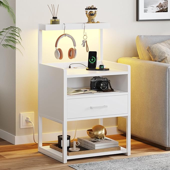 VIAGDO Nightstand with Charging Station and LED Lights, White Night Stand with Drawer, Modern End Side Table with Open Storage Shelves, Bedside Tables for Bedroom, Office