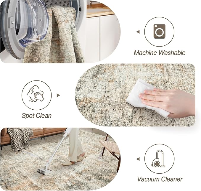 9x12 Area Rugs for Living Room, Non-Slip Machine Washable Vintage Rugs, Abstract Low Pile Lightweight Large Rug for Bedroom, Dining Room, Home Office Orange