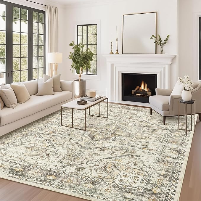 zesthome 8x10 Area Rugs for Living Room,Non-Slip Backing Washable Rugs,Vintage Large Area Rug，Stain Resistant Home Decor Rug (Beige/Brown,8'x10')