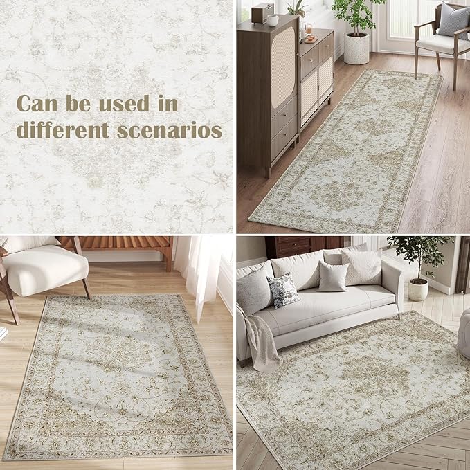 jinchan 6x9 Area Rugs Machine Washable Rug for Living Room - Stain Resistant Vintage Floral Medallion Ultra-Thin Low Pile Non-Slip Indoor Carpet for Bedroom Dining Room Kitchen (6x9ft,Blush)