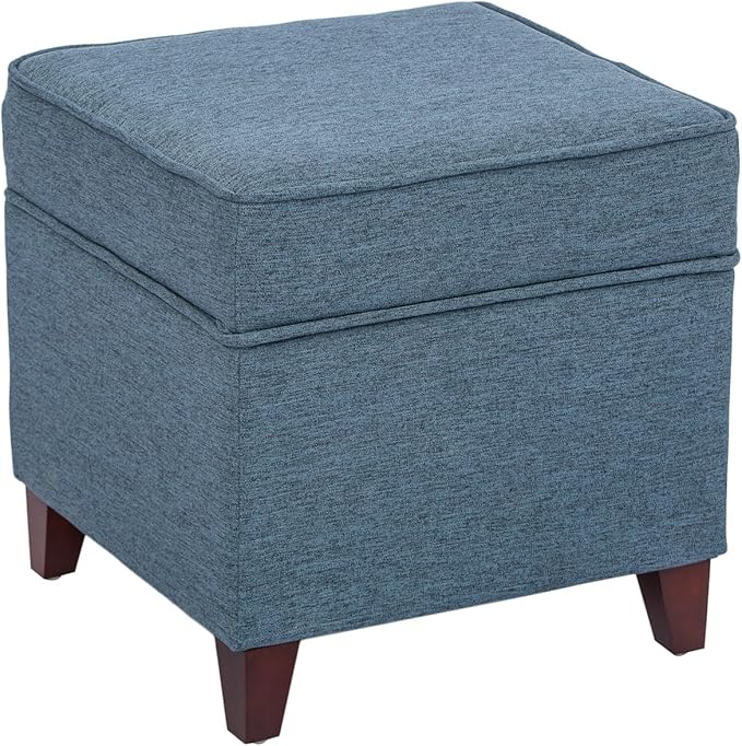 Adeco 17" Square Ottoman with Storage, Small Blue Storage Ottoman Foot Rest with Hinged Lid & Solid Wood Legs, Linen Fabric Foot Stool for Living Room & Bedroom, Seasonal Home Refresh & Gifting