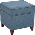 Adeco 17" Square Ottoman with Storage, Small Blue Storage Ottoman Foot Rest with Hinged Lid & Solid Wood Legs, Linen Fabric Foot Stool for Living Room & Bedroom, Seasonal Home Refresh & Gifting