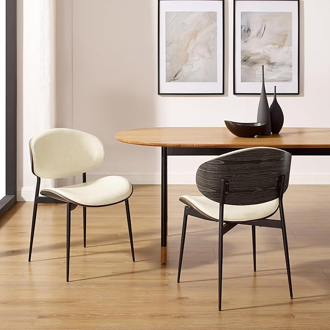 Art Leon Dining Chairs Set of 4, Black Oak Bentwood, Mid Century Modern Chair, Off White Faux Leather Kitchen Dining Room Chairs with Black Metal Legs, Accent Chairs for Bedroom