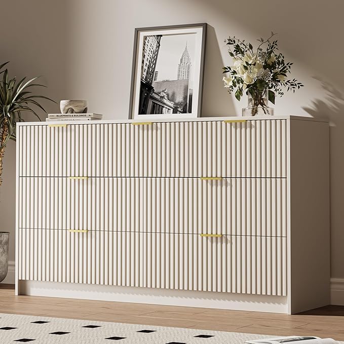3-Piece Dresser Bedroom Set, 7 Drawer Dresser & 2 Drawer Nightstands with Gold Handles, Fluted Wood Chest of Drawers for Bedroom, Living Room, Entryway, Beige