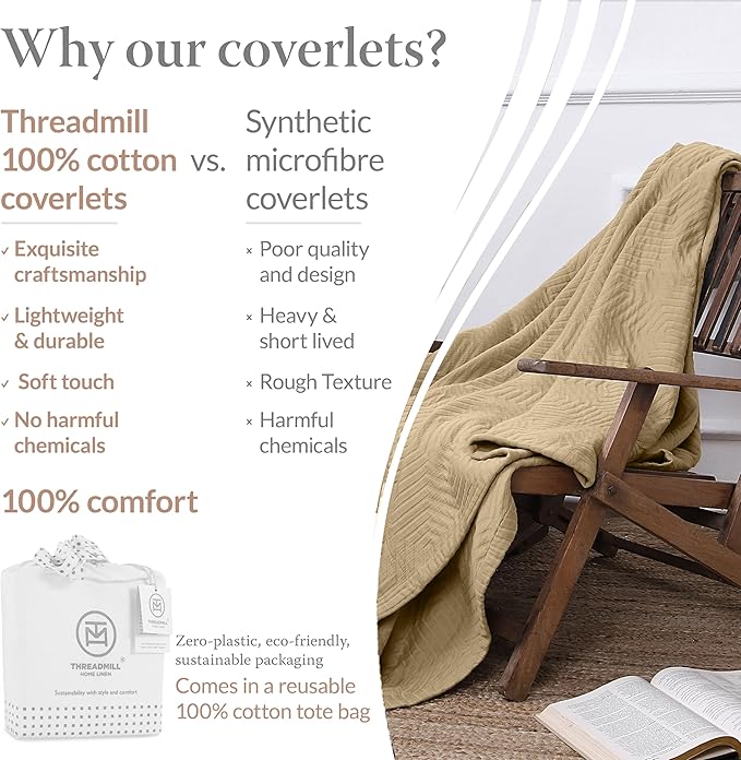Threadmill Luxury Cotton Blankets for Queen Size Bed | All-Season 100% Cotton Queen Size Blanket | Aster Jacquard Cozy Lightweight, Soft Breathable Coverlet fits Full Size Bed, 90x92 | Beige