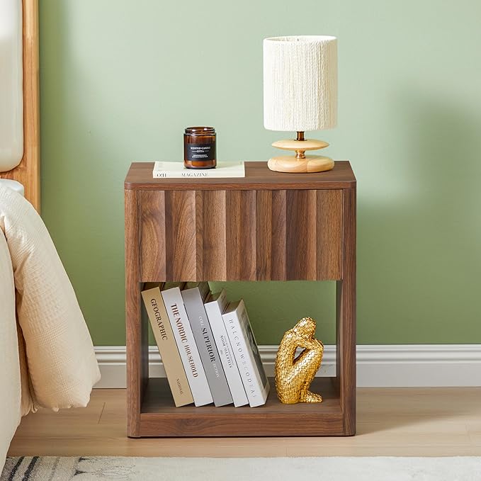 Fluted Dresser, Small Nightstands Set of 2, Walnut Bedside Table with Drawer and Storage, Mid Century Modern Side Table for Bedroom Sofa