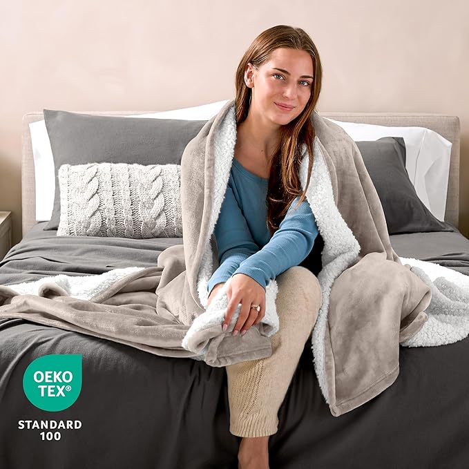 Bare Home Sherpa Fleece Blanket - King Size - Blanket for Bed, Sofa, and Couch - Warm & Lightweight - Fluffy & Soft - Reversible (King, Light Taupe)