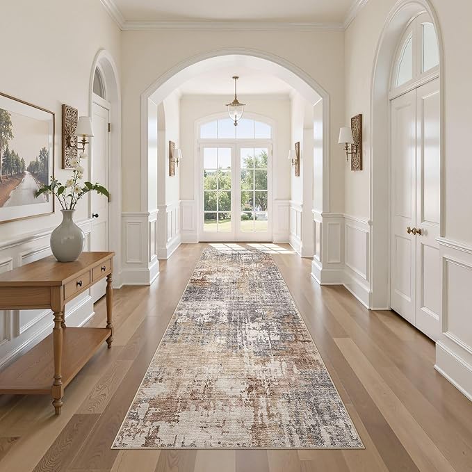 3x10 Washable Runner Rug for Hallway: Soft Neutral Modern Abstract Low Pile Rug Indoor - Carpet for Bedroom Dining Room Kitchen Entryway - Grey Brown
